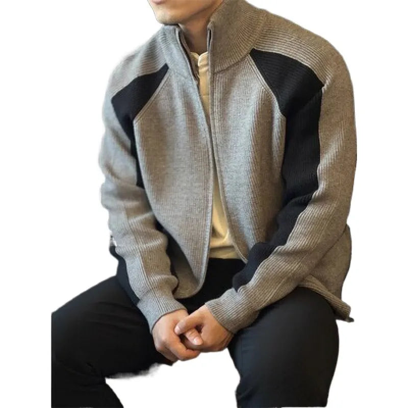 Men's Plus Size  Color Block Ribbed Knit Zip-Up Cardigan
