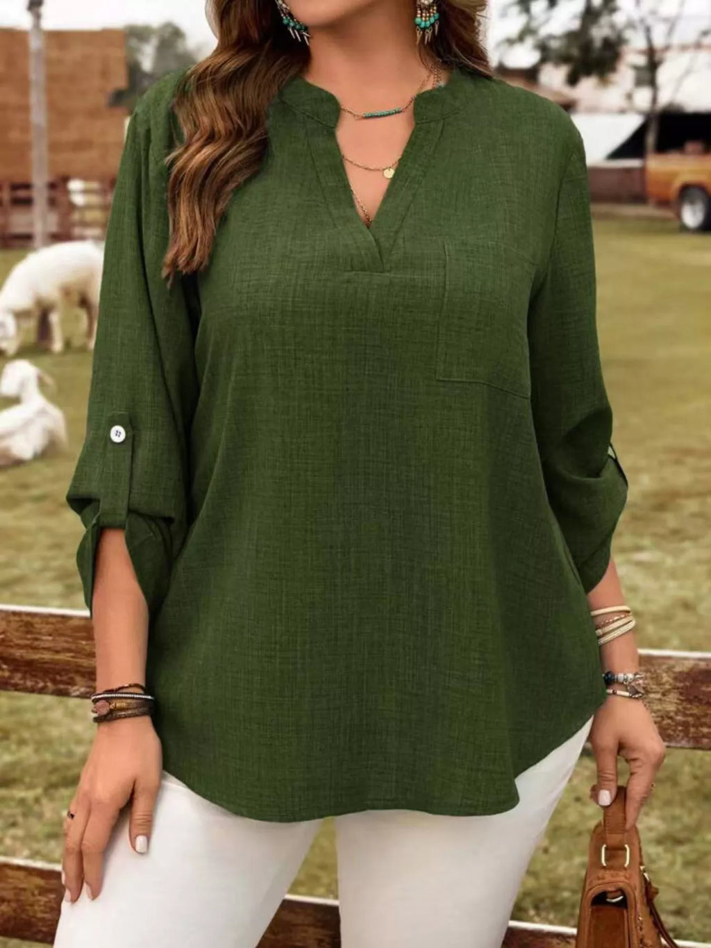 Plus Size Notched Roll-Tab Sleeve Casual Blouse