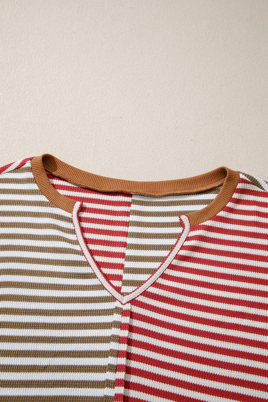 Red Striped Colorblock V Neck Long Sleeve Top
