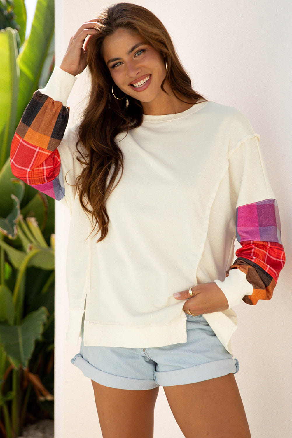 Plaid Patchwork Long Sleeve Exposed Seam Top