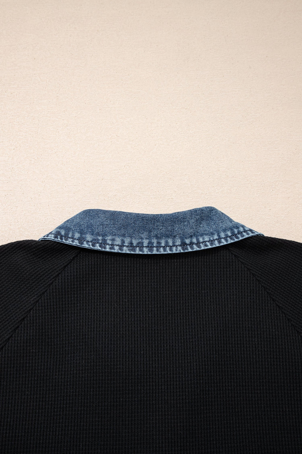 Black Plus Size Textured Contrast Denim Patchwork Button Polo Tee