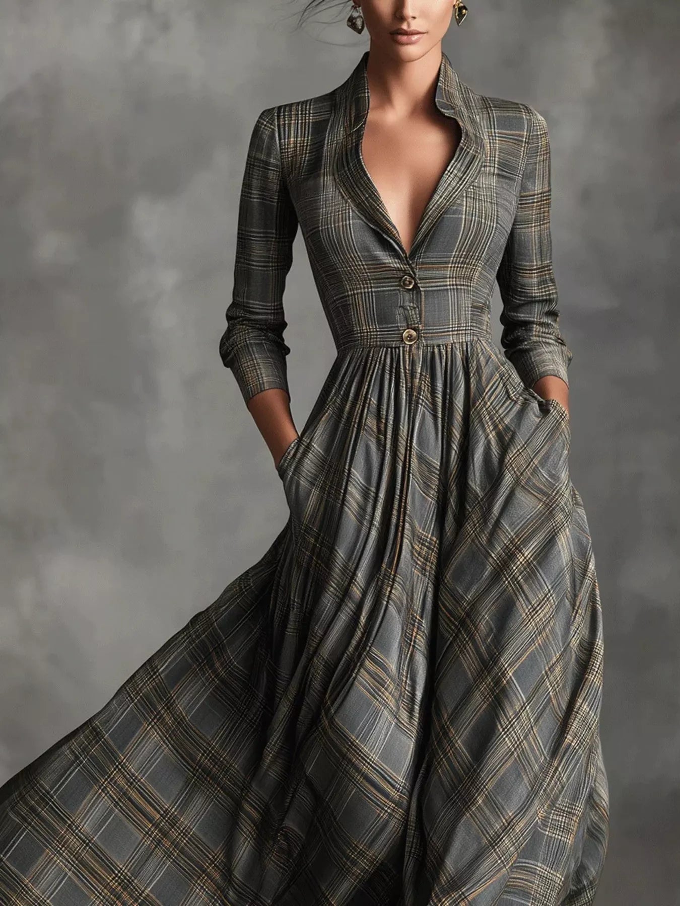 Plaid Lapel Maxi Dress with Pockets