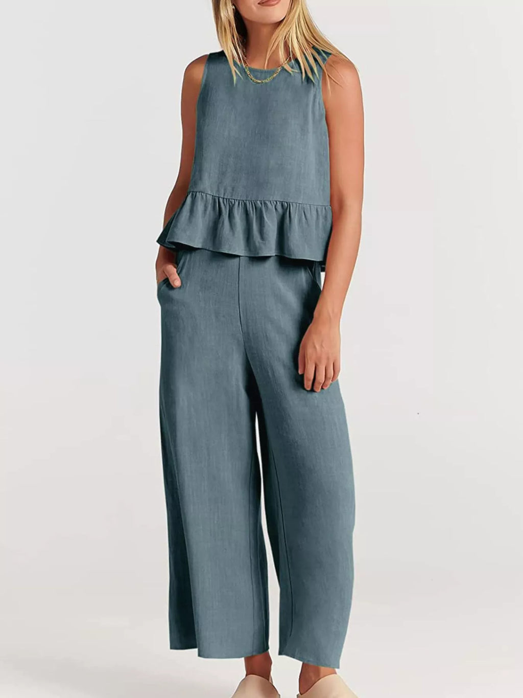 Full Size Ruffled Hem Sleeveless Top and Wide-Leg Pants Set Plus Size