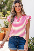 Rose Stripe Contrast Trim Polo Collar Ruffled Short Sleeve Blouse