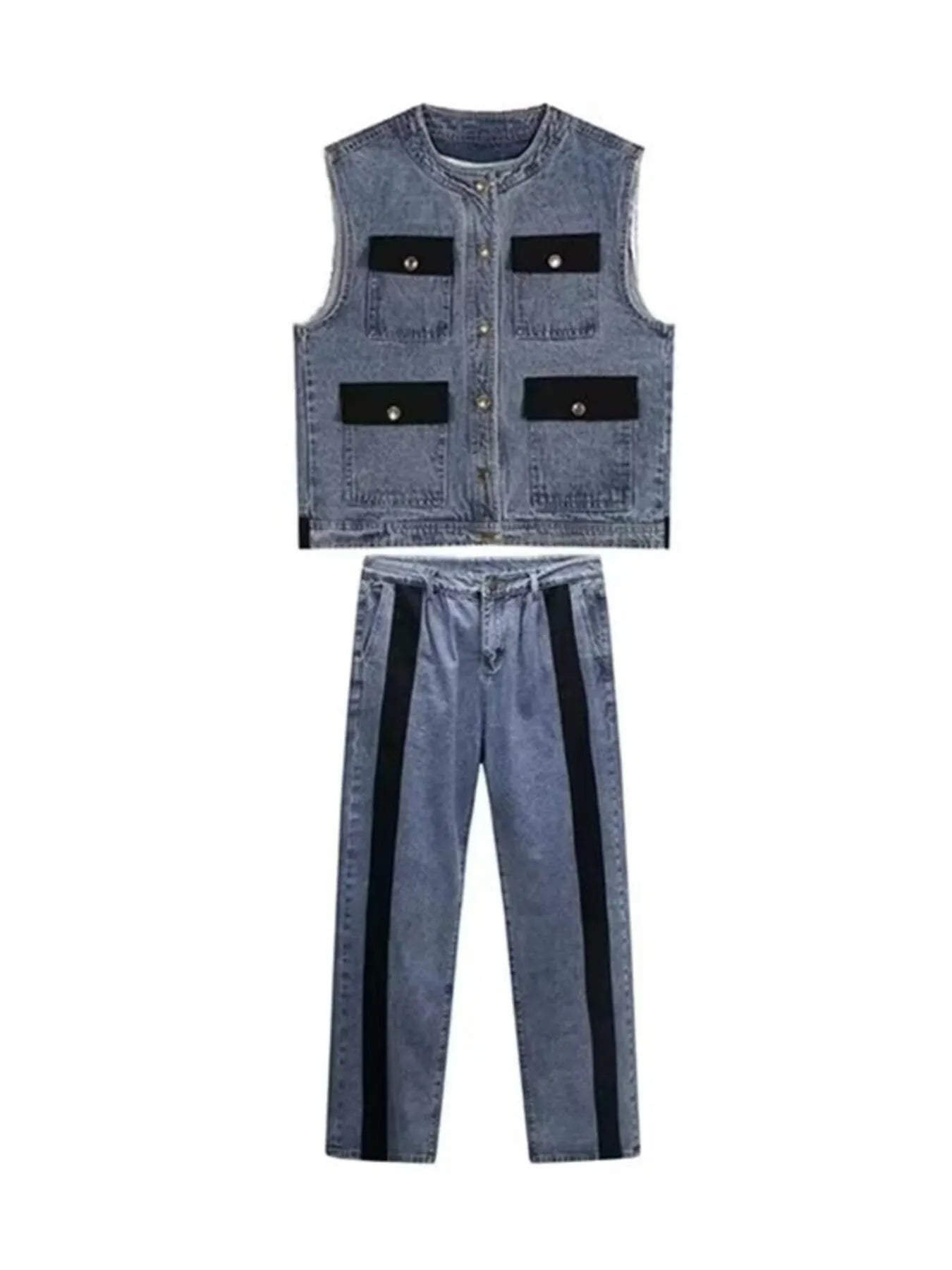 Men's Plus Size Button Up Vest and Pants Denim Set