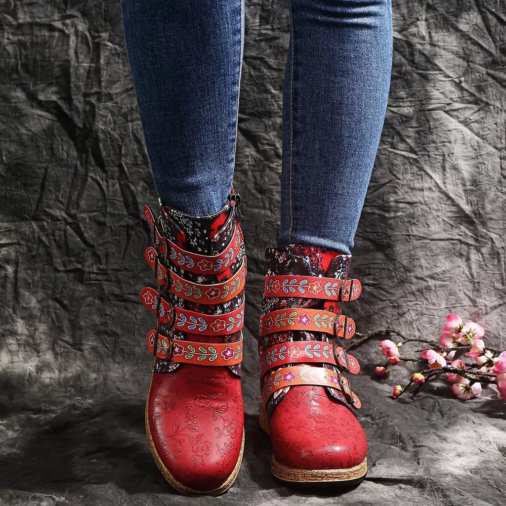 Embroidered Round Toe Boots
