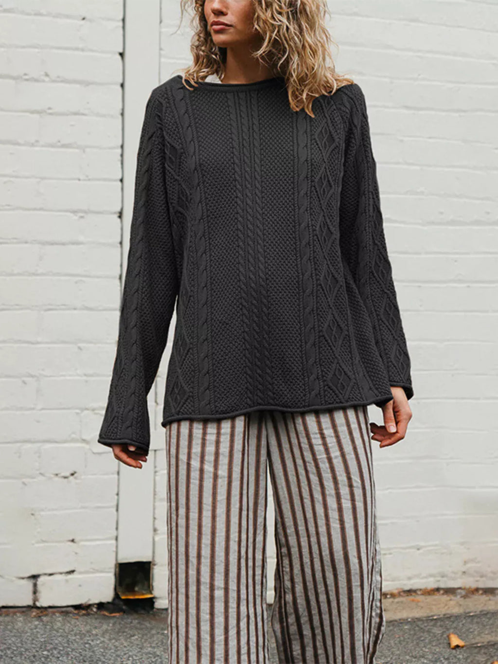 Crew Neck Cable-Knit Sweater