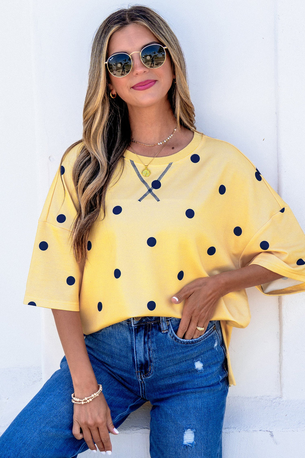 Sky Blue Polka Dot Print Crossed Seam Detail Oversize Tee