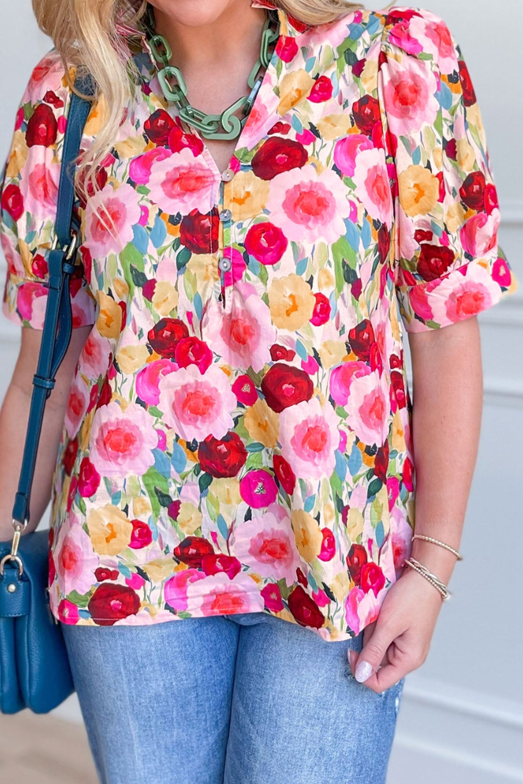 Pink Plus Size Flower Print Split V Neck Puff Short Sleeve Top