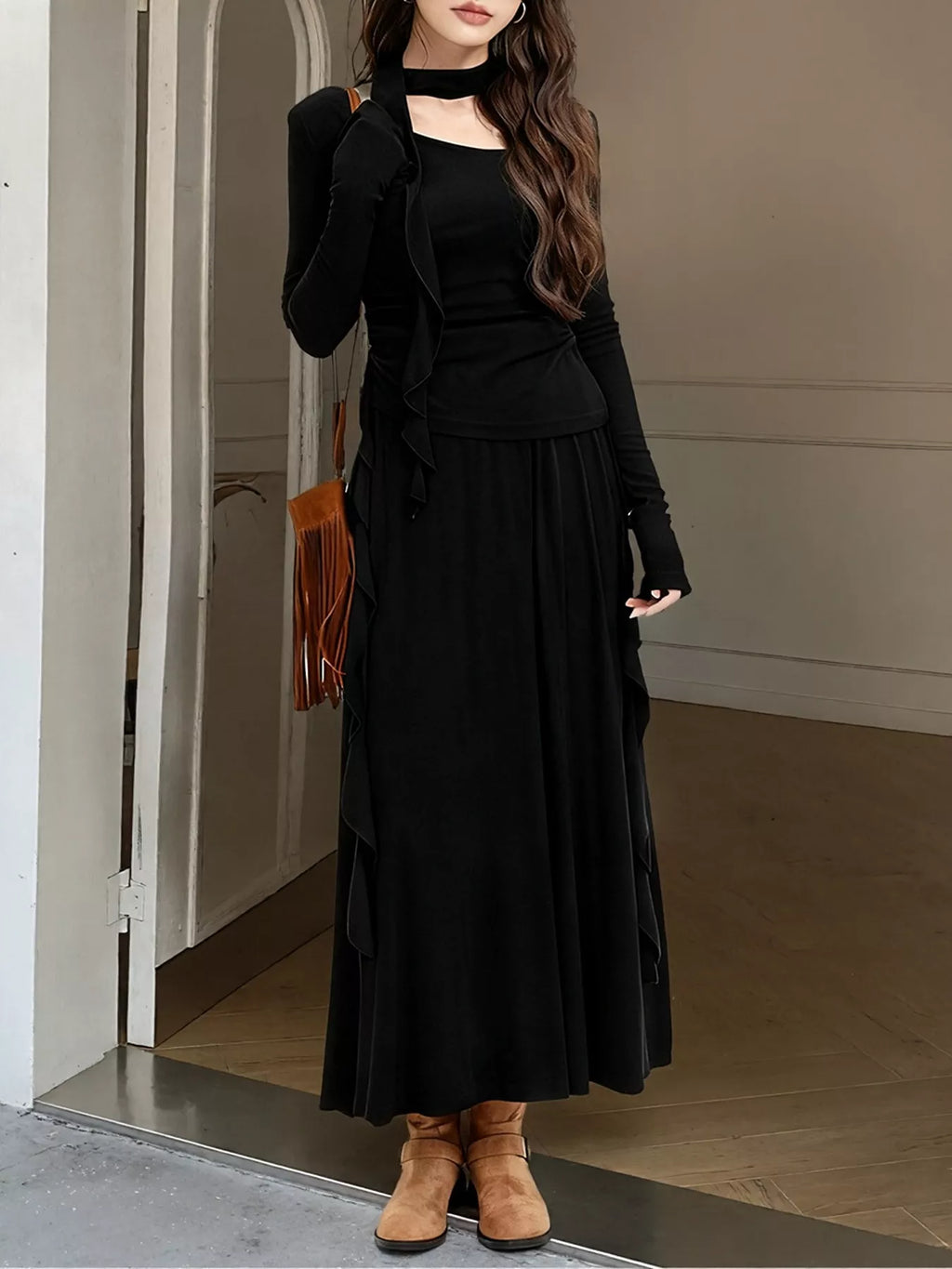 Ruffled Long Sleeve Knit Top and Maxi Skirt Set