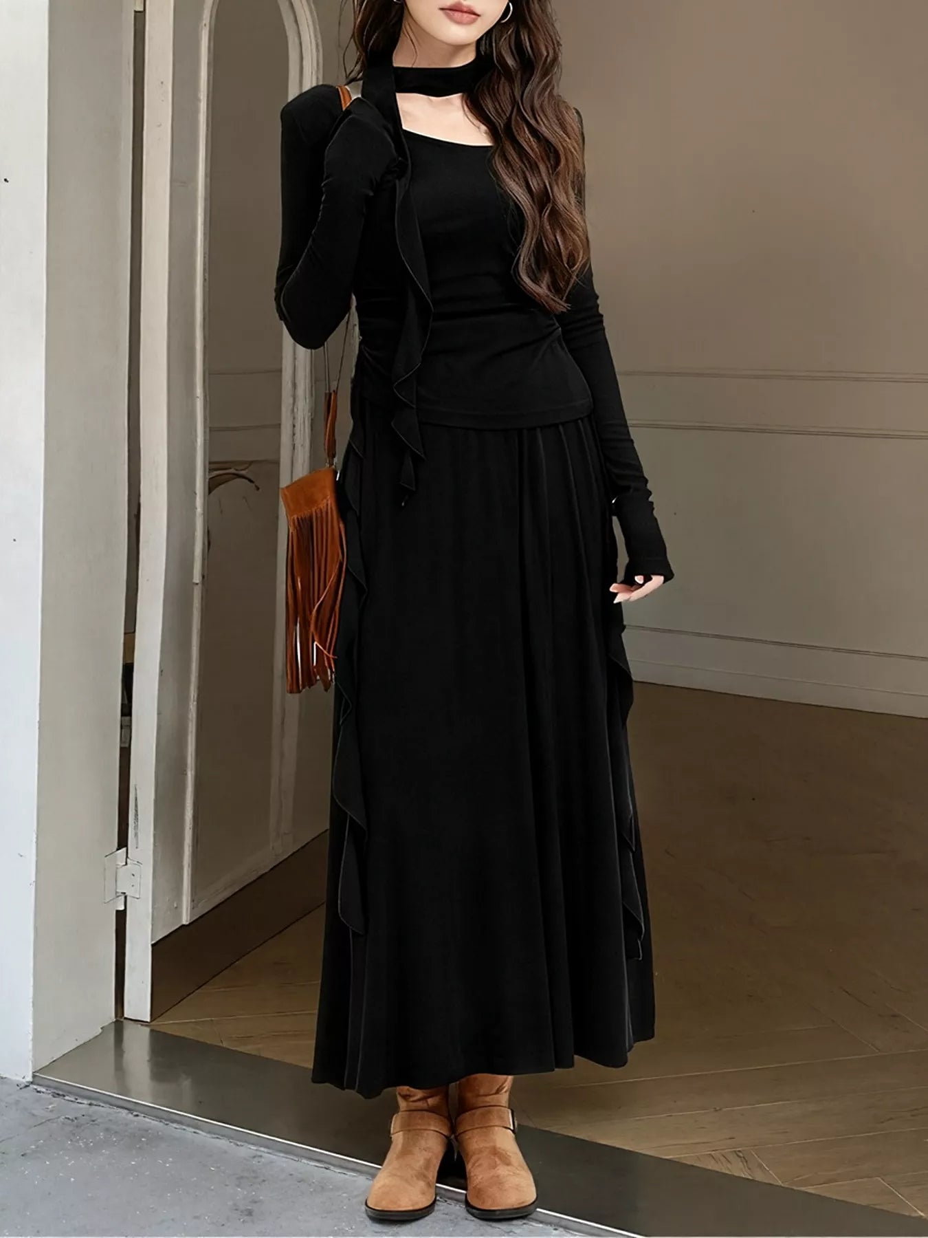 Ruffled Long Sleeve Knit Top and Maxi Skirt Set