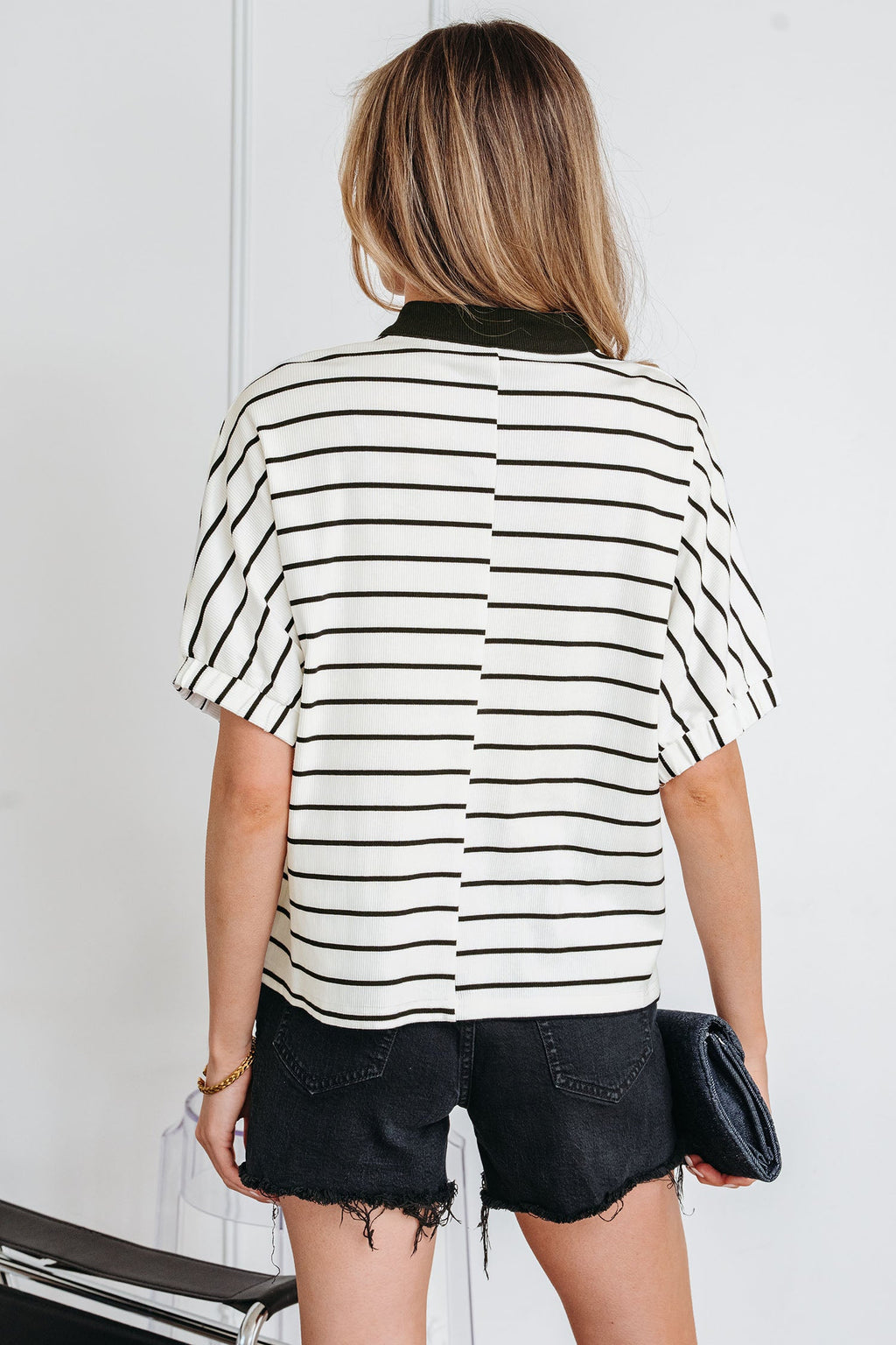 Stripe Stand Collar V-Neck Dolman Sleeve Top