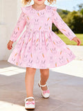 Children's Bunny and Carrot Print Ruffle Sleeve A-Line Dress