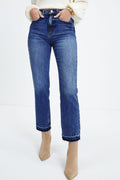 Dark Blue Whiskered Wash Raw Hem Cropped Jeans