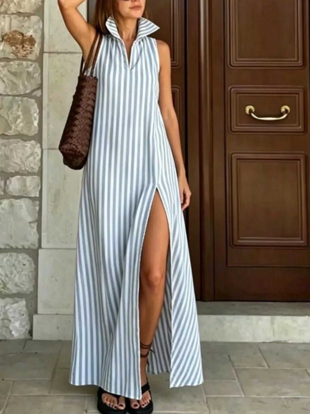 Full Size Striped Maxi Dress with High Slit Plus Size