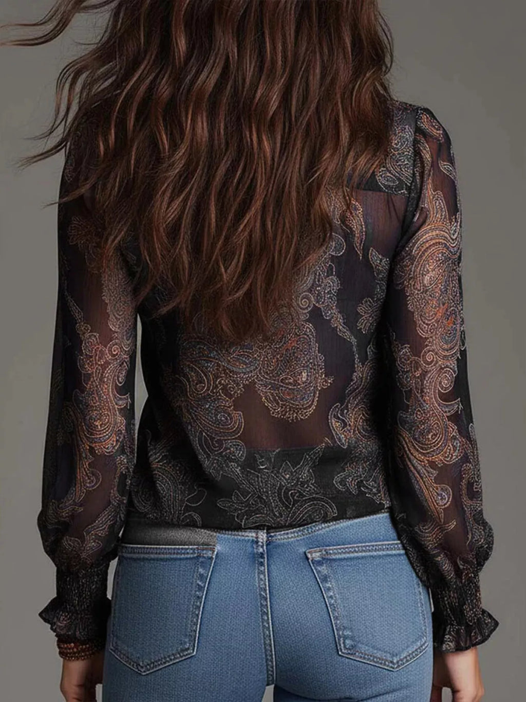 Full Size Paisley Print Ruffle Trim Zip-Front Blouse Plus Size