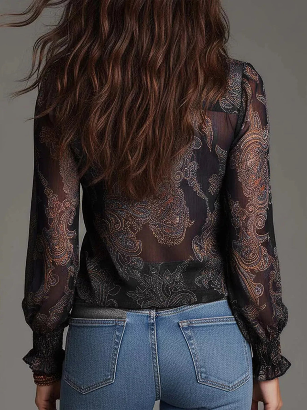 Full Size Paisley Print Ruffle Trim Zip-Front Blouse Plus Size