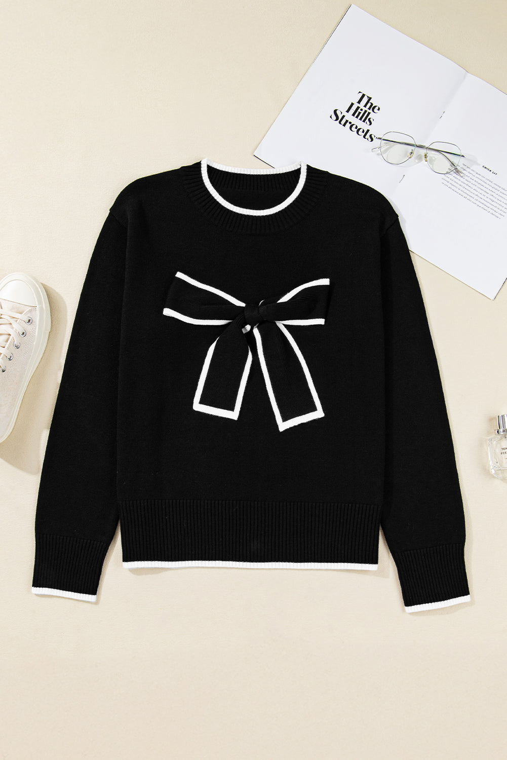 Bow Tie Contrast Trim Cropped Sweater