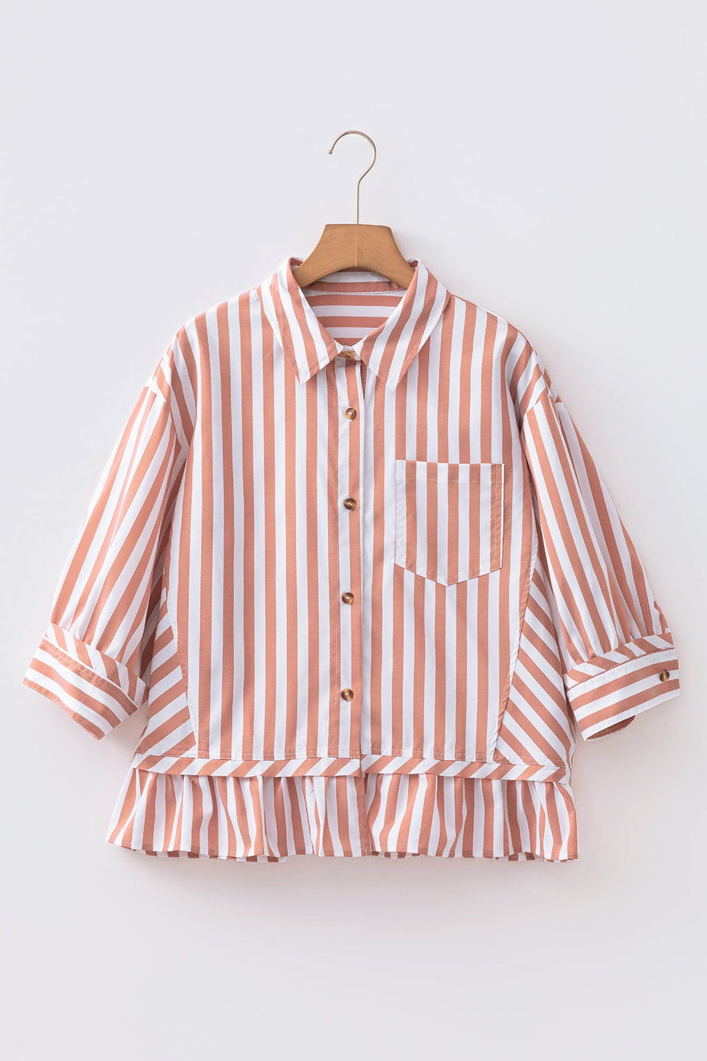 Khaki Stripe Collar Button Front Bracelet Sleeve Ruffle Hem Shirt
