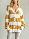 Striped V-Neck Button-Down Cardigan