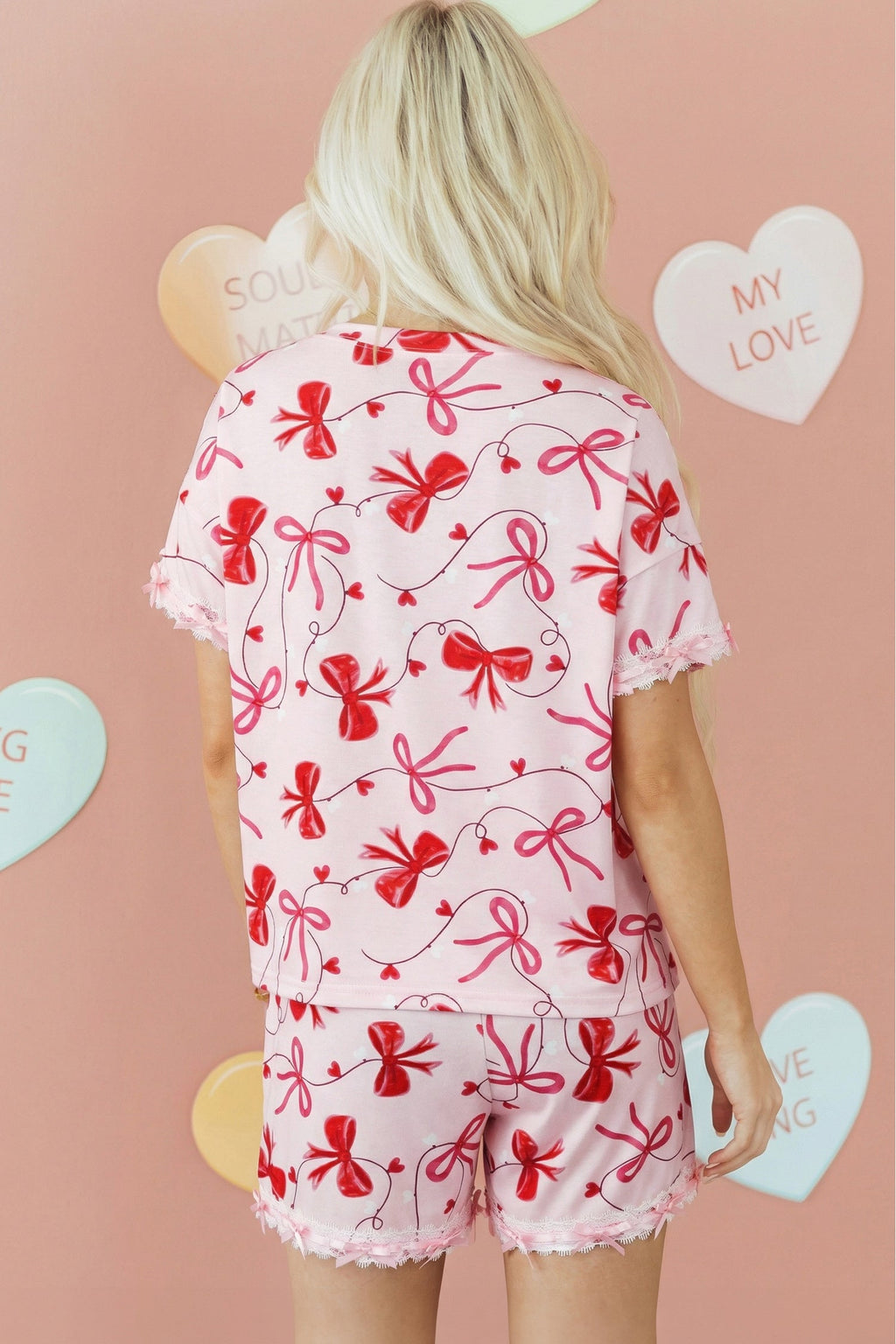 Red Romantic Bow Print Loose Tee Drawstring Shorts 2pcs Lounge Set