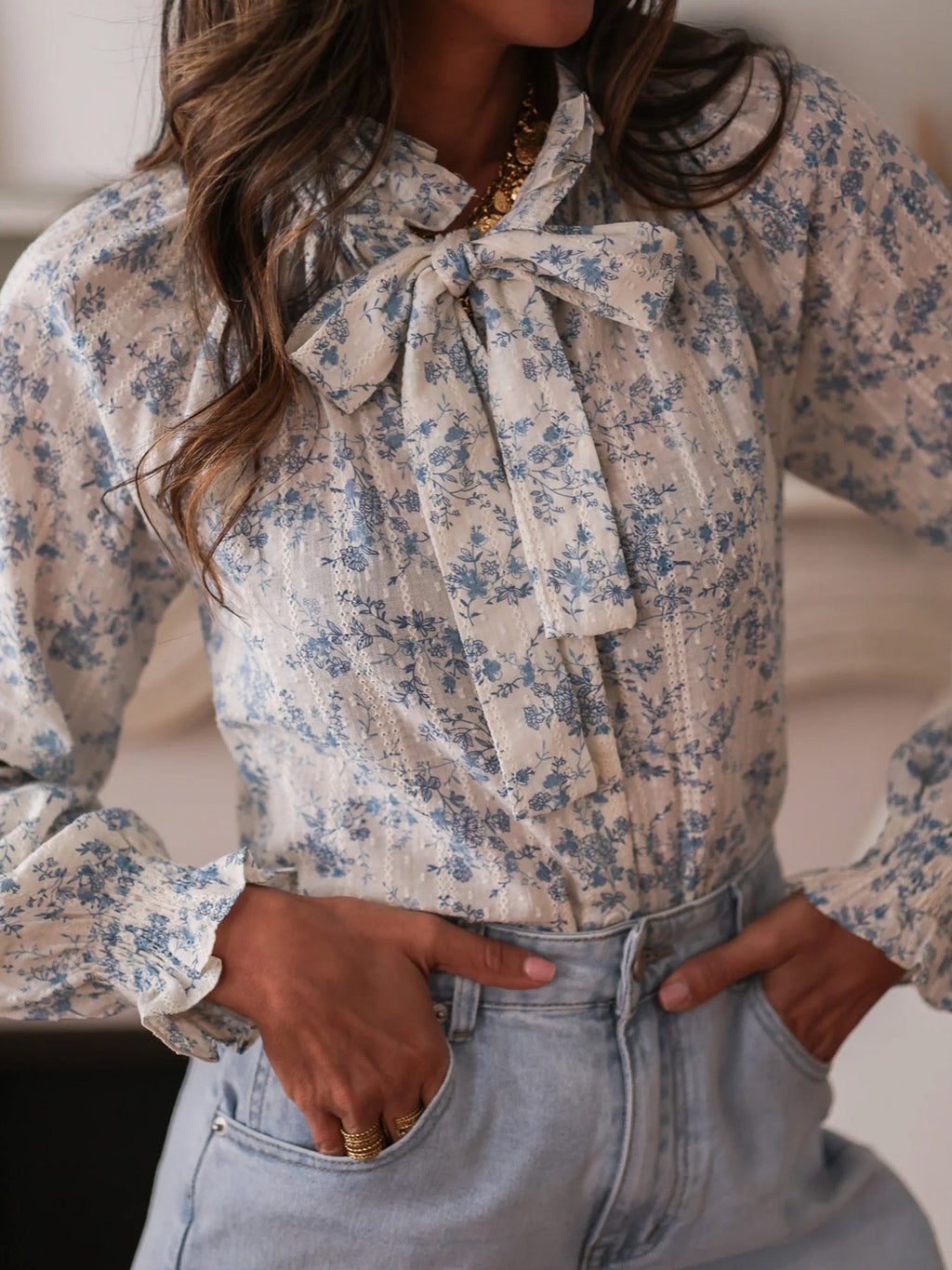 Floral Print Tie Neck Long Sleeve Blouse