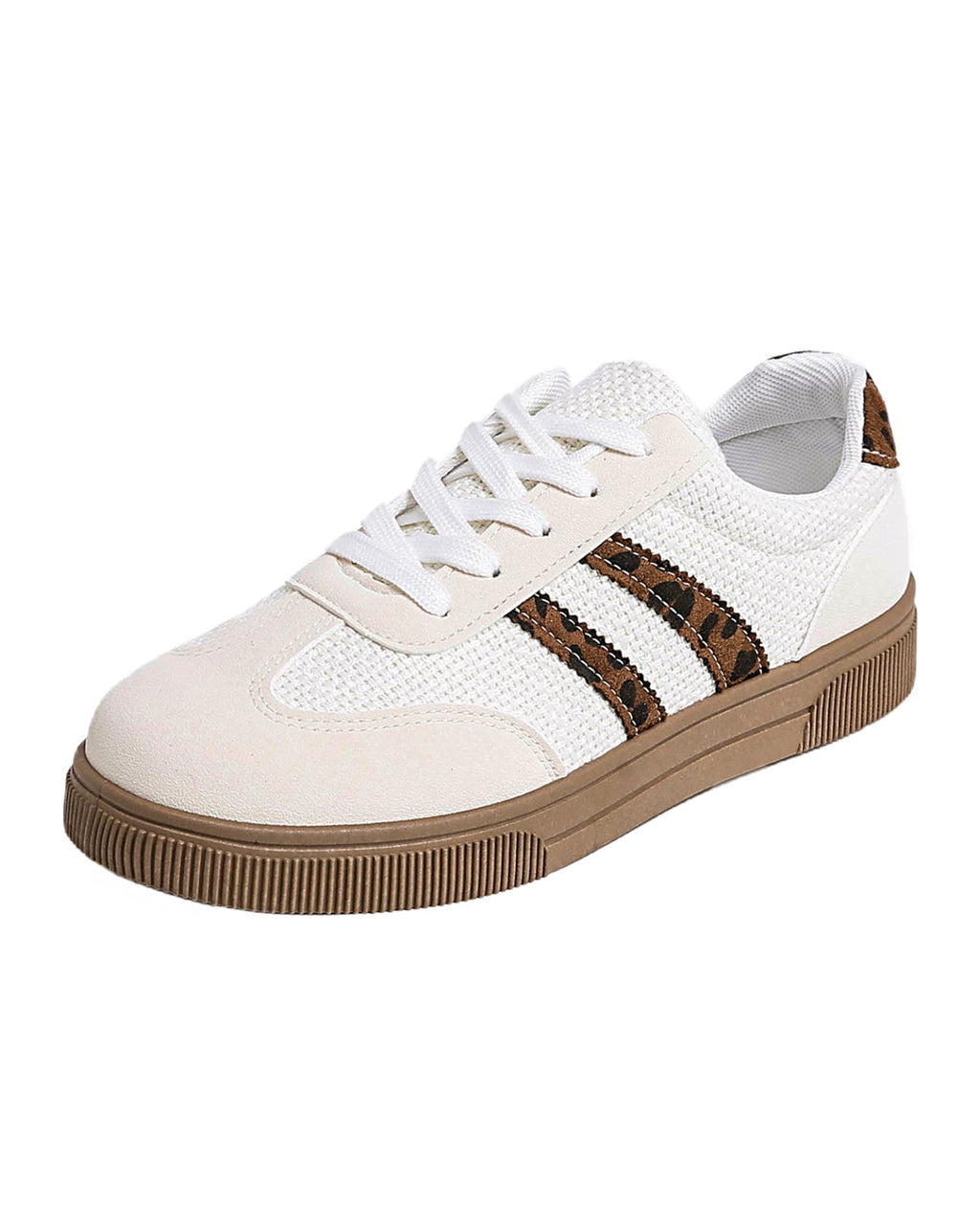 White Textured Woven Leopard Patchwork Flat Sneakers