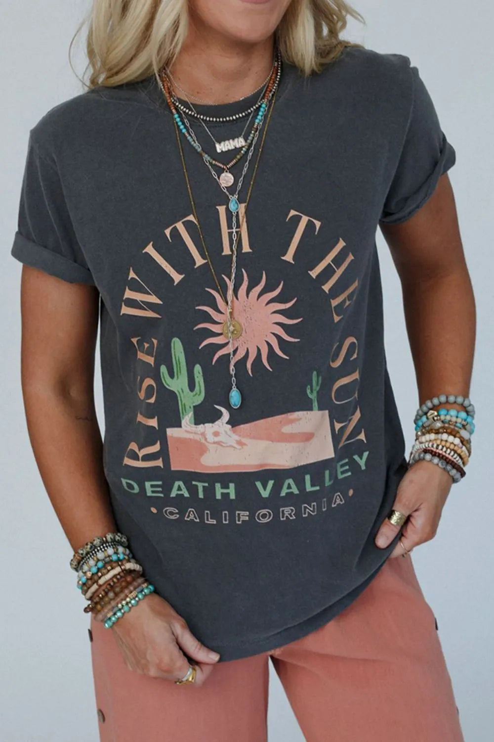 RISE WITH THE SUN Graphic Round Neck Cotton Blend T-Shirt