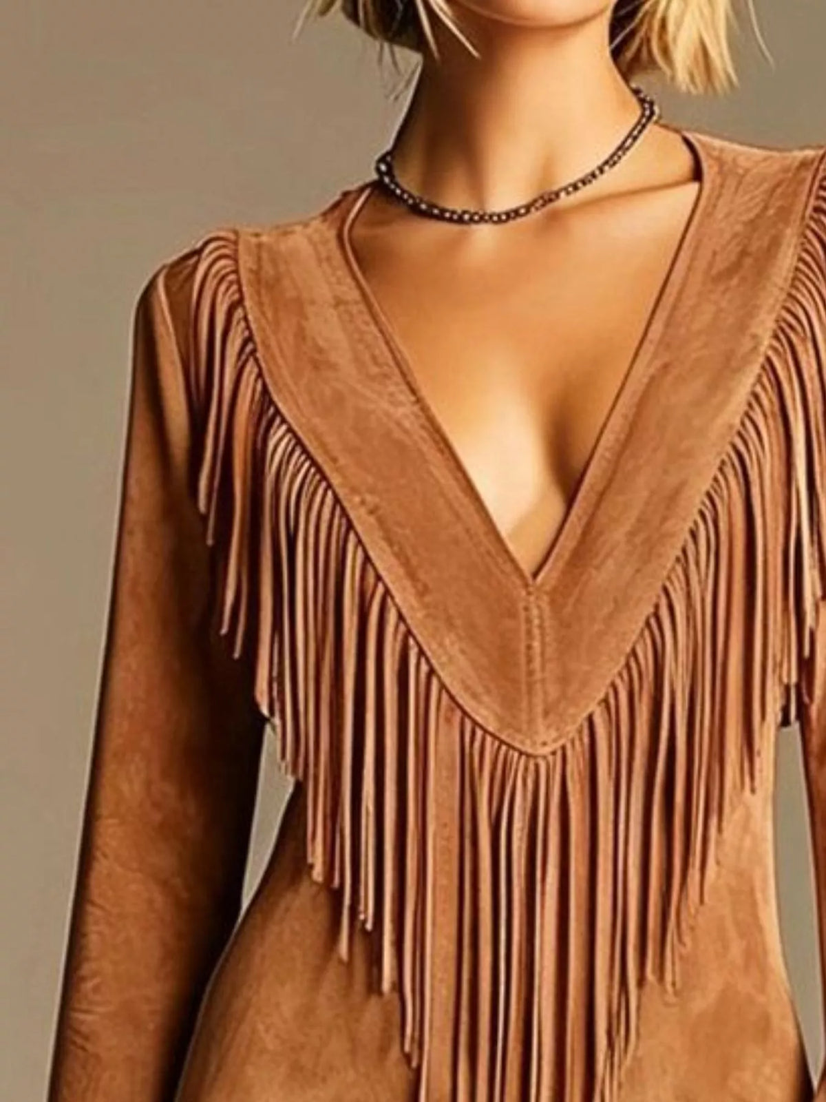Boho Chic Fringed Suede V-Neck Mini Dress