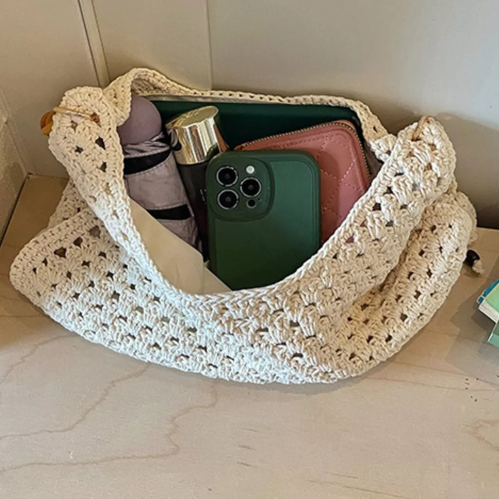 Crochet Knit Beaded Strap Shoulder Bag