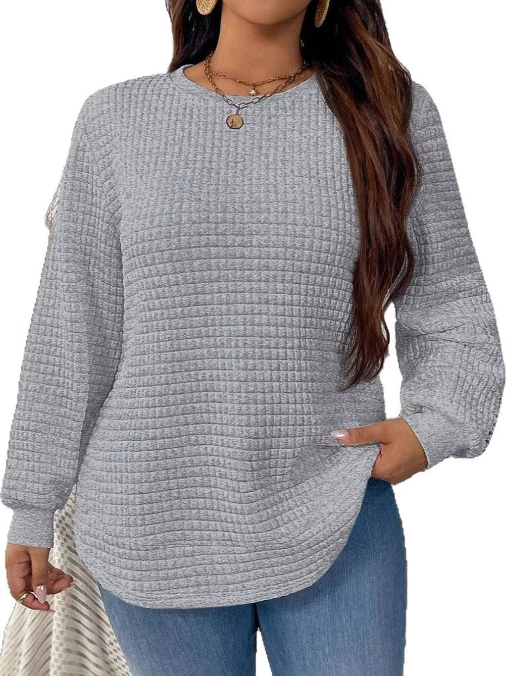 Plus Size Textured Waffle Knit Crew Neck Sweatshirt