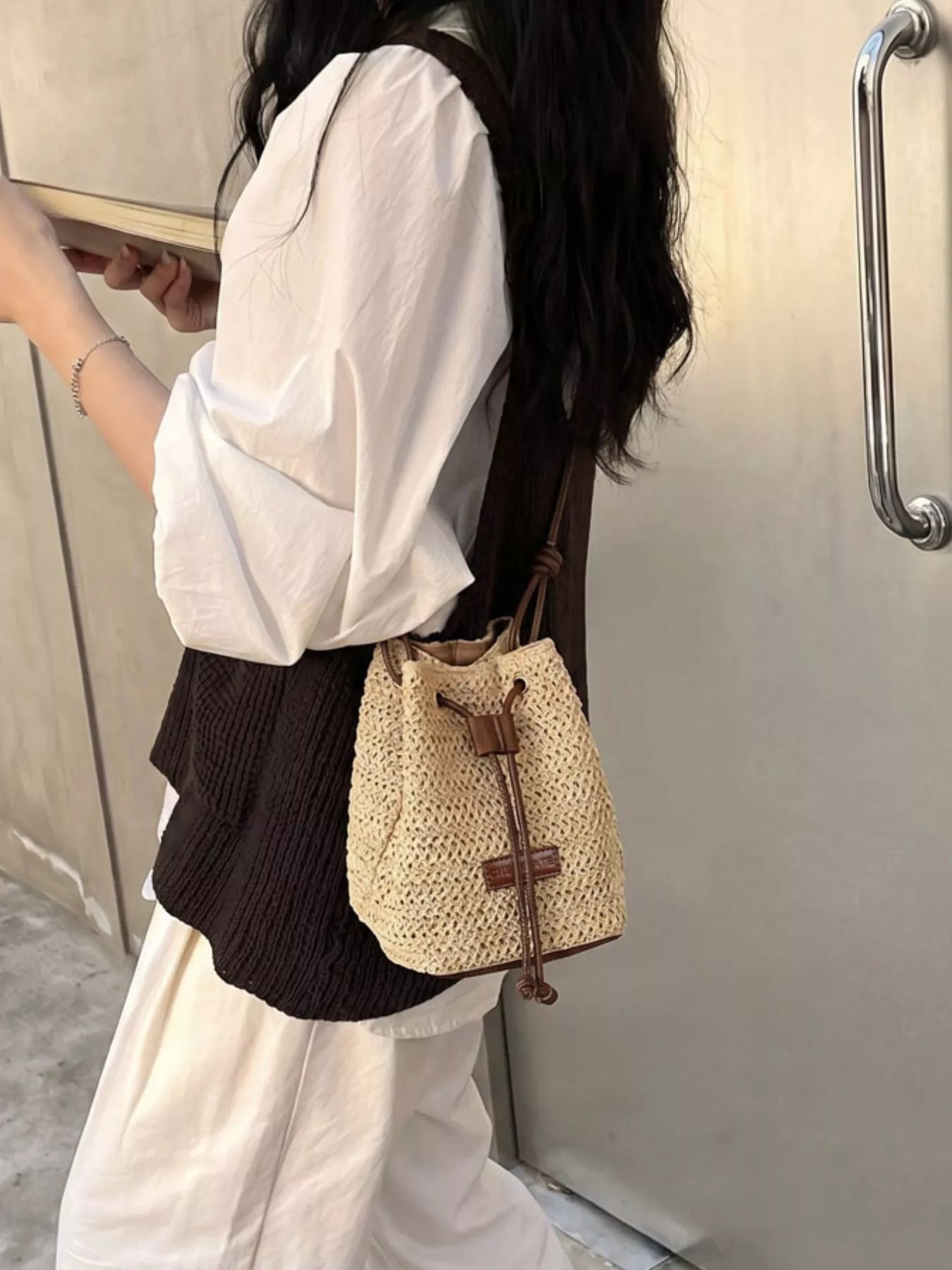 Straw Bucket Crossbody Bag