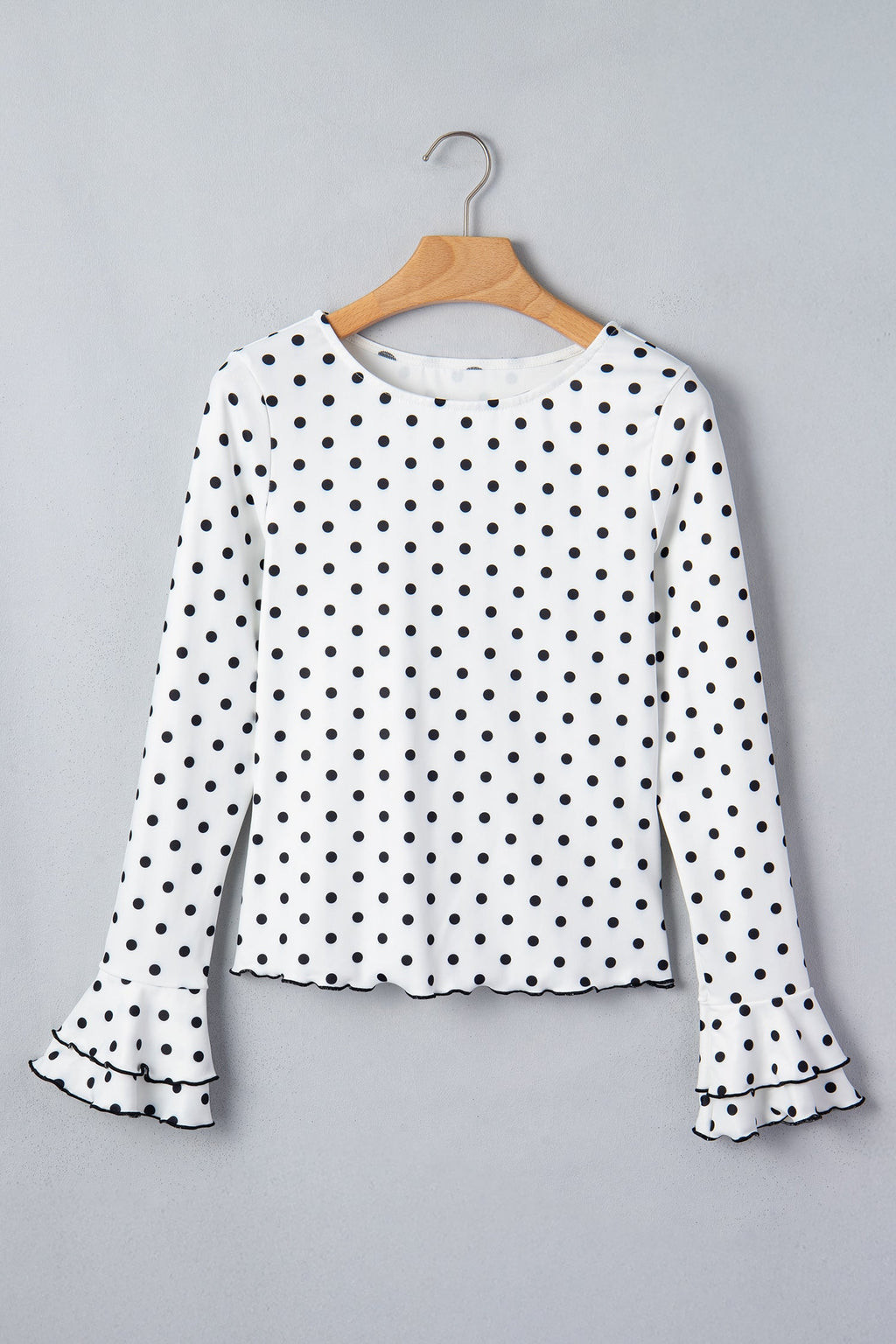 Black Polka Dot Print Lettuce Trim Long Sleeve Top