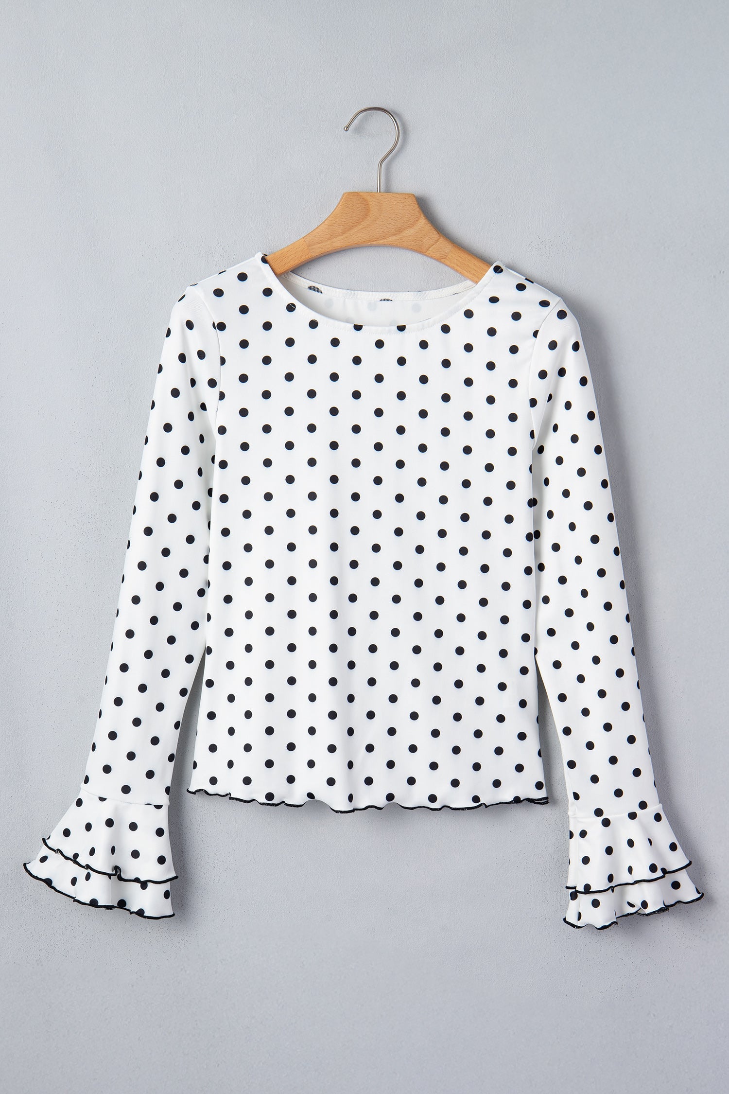 Black Polka Dot Print Lettuce Trim Long Sleeve Top