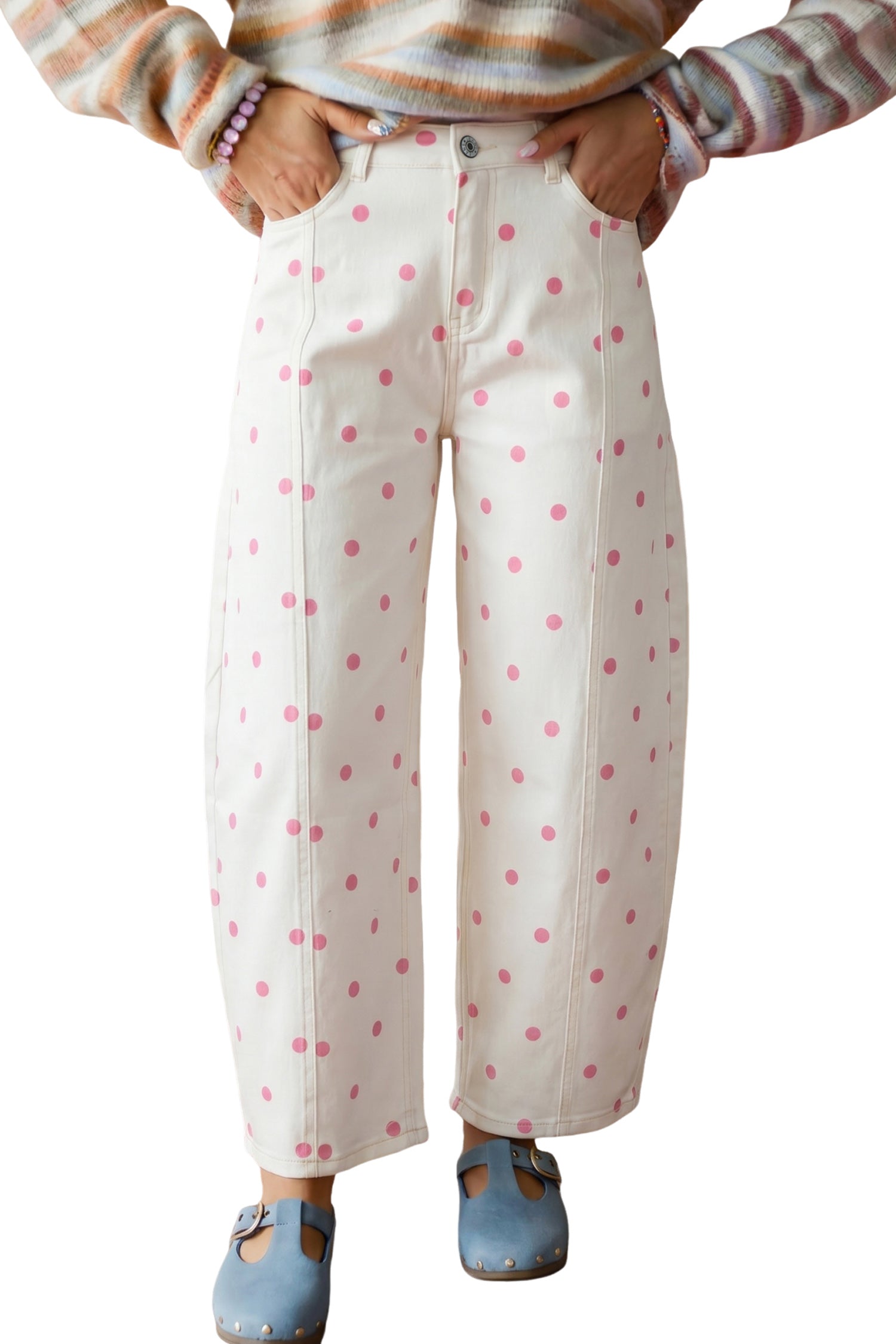 Pink Tailored Seam Polka Dot Print Ankle Length Casual Jeans