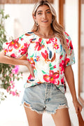 White Floral Print Puffy Half Sleeve Blouse