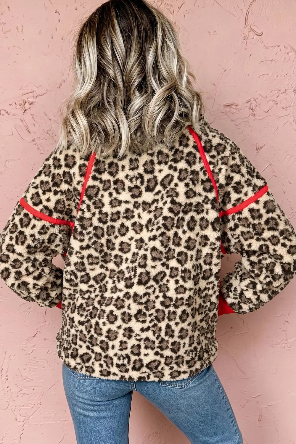Leopard Print Zip-Up Red Accents Pockets Sweatshirt