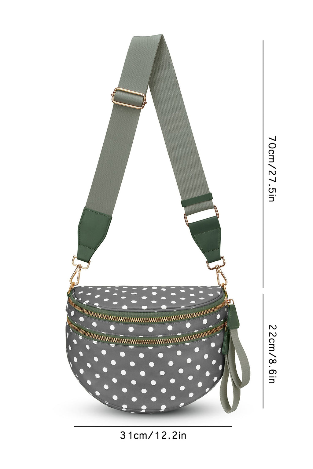 Blackish Green Retro Polka Dot Print Double Zip Crossbody Bag