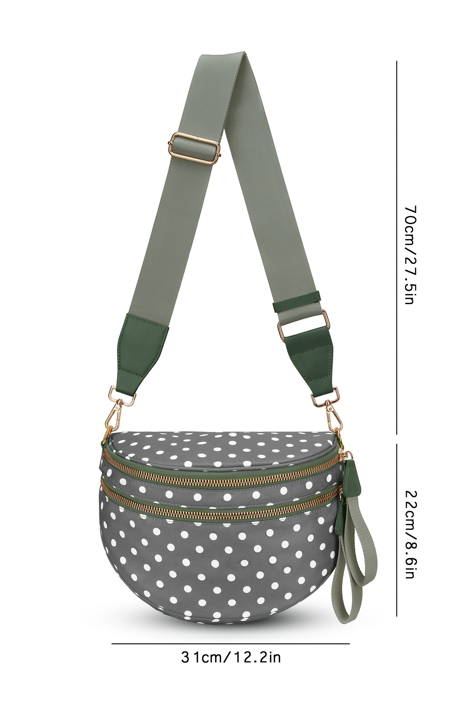 Blackish Green Retro Polka Dot Print Double Zip Crossbody Bag