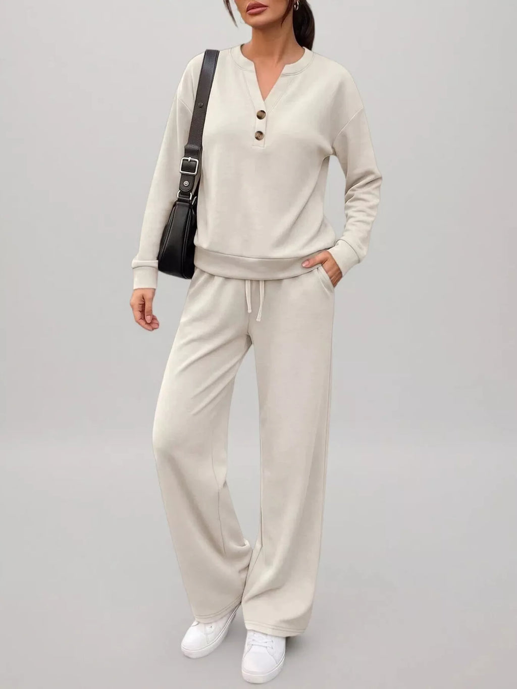 Button Detail Dropped Shoulder Top and Pants Set