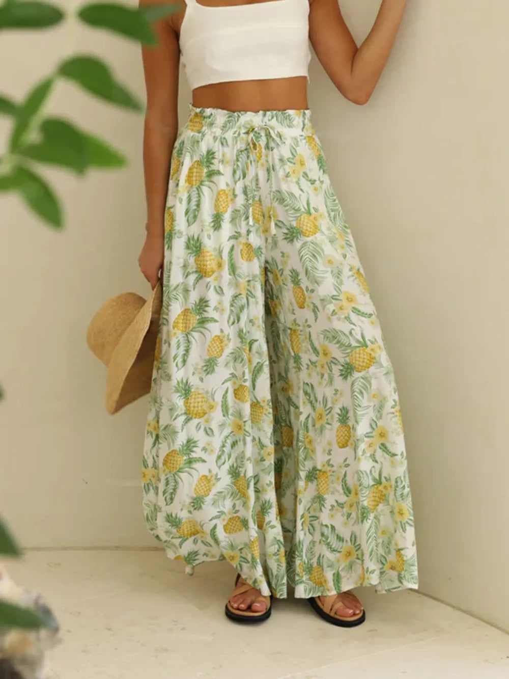 Drawstring Paperbag Waist Printed Wide Leg Pants