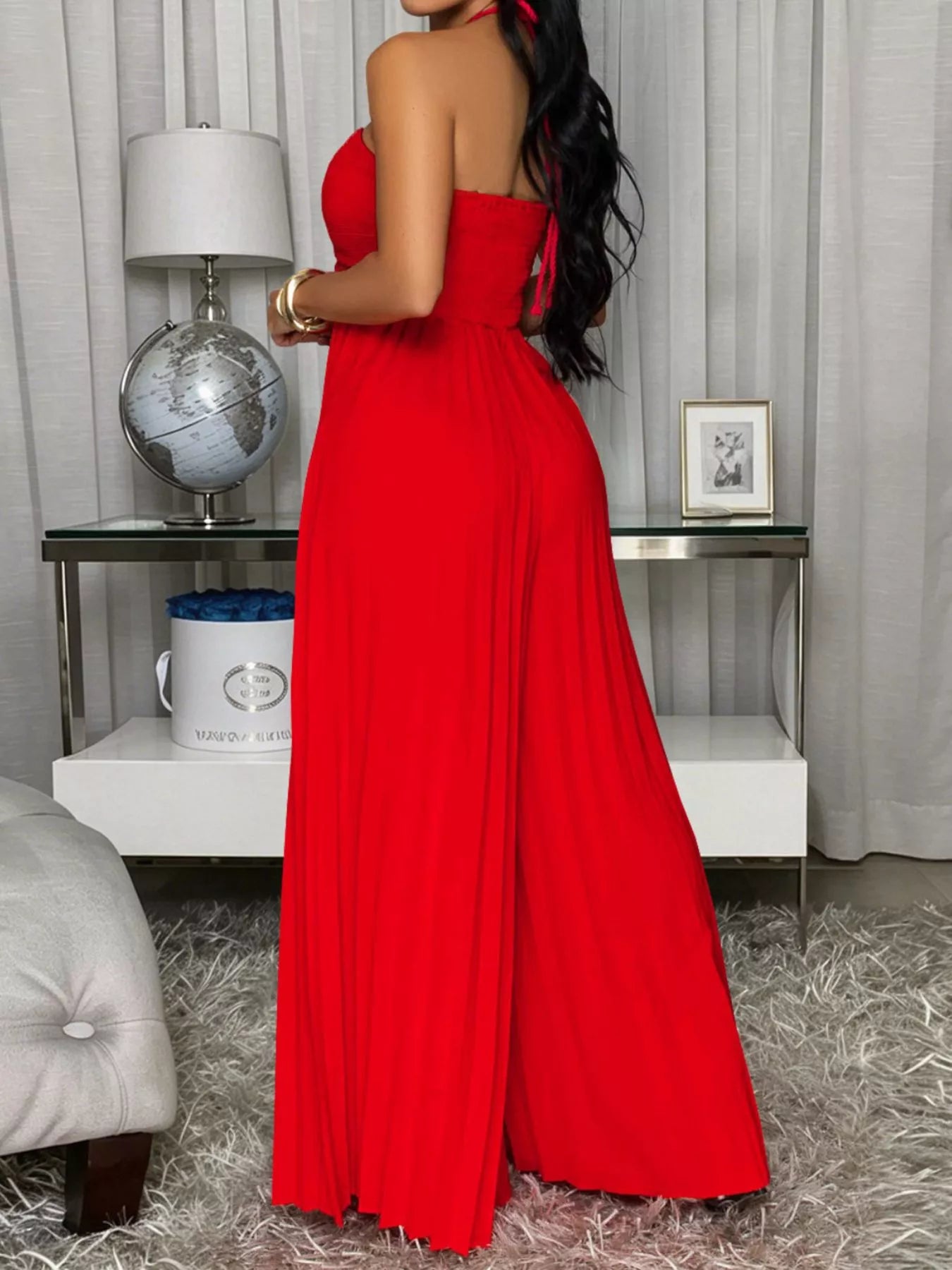 Pleated Halter Neck Wide Leg Jumpsuit