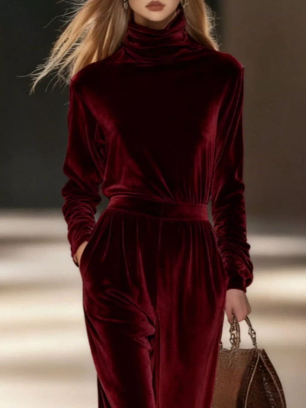 Full Size Velvet Turtleneck Long Sleeve Top and Wide-Leg Pants Set Plus Size
