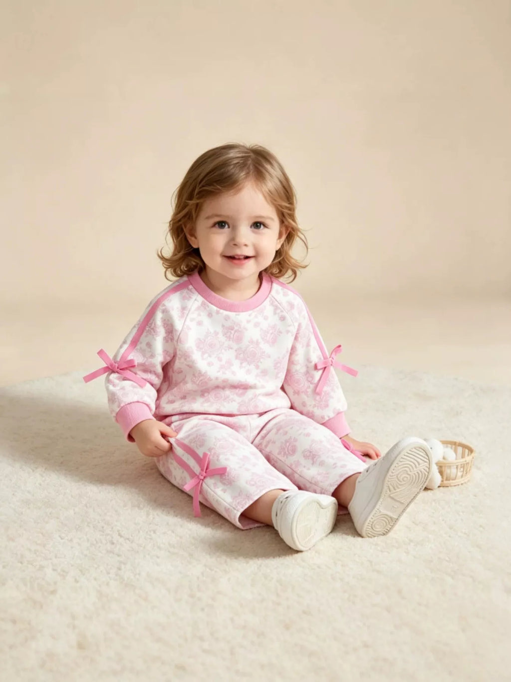 Children's Floral Print Round Neck Top and Pants Two-Piece Lounge Set
