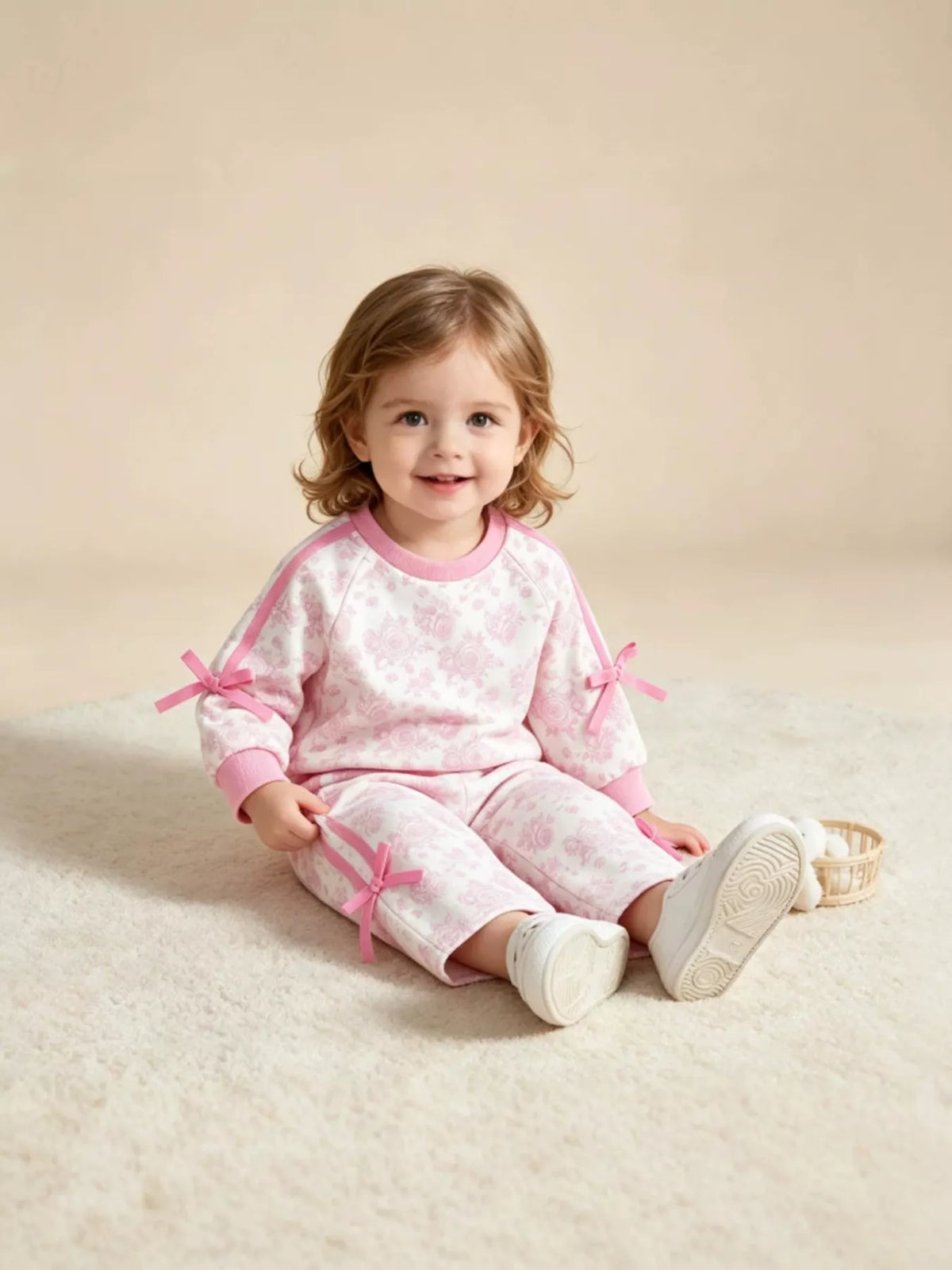 Children's Floral Print Round Neck Top and Pants Two-Piece Lounge Set