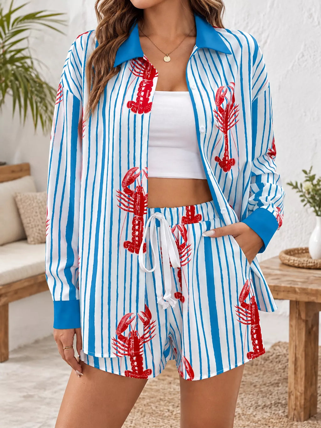 Lobster Print Striped Button-Down Shirt and Shorts Set