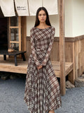 Plaid Long-Sleeve Slim-Fit Maxi Dress