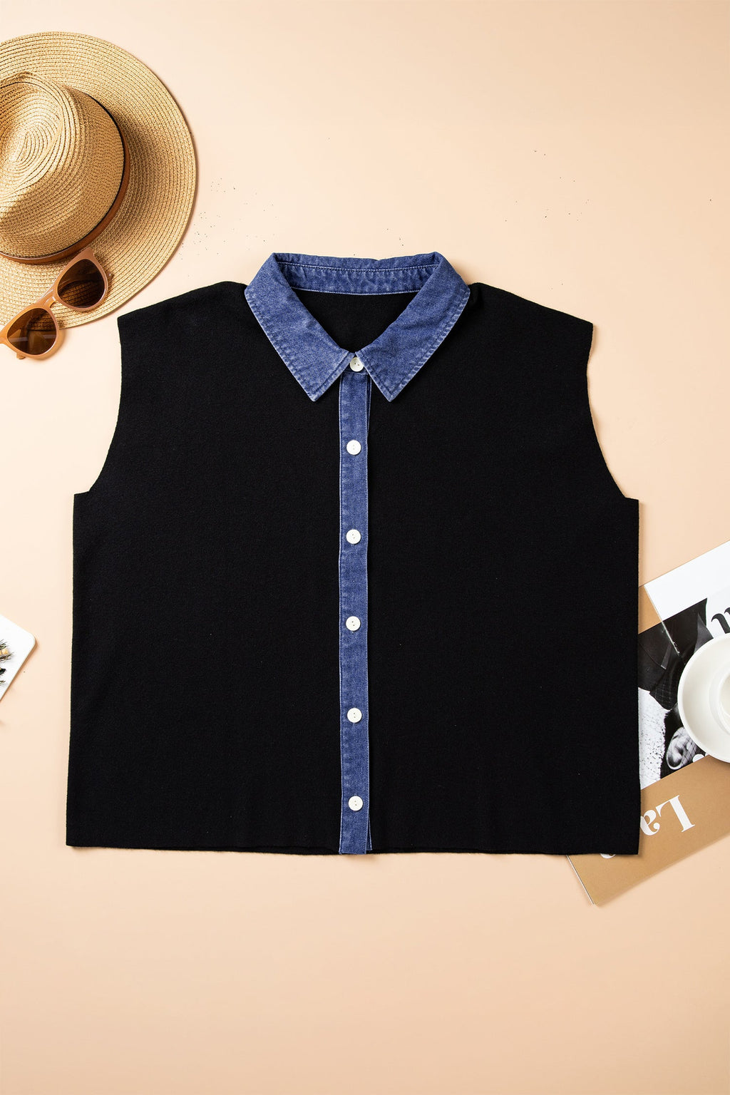 Plus Size Denim Patchwork Collar Sleeveless Cardigan