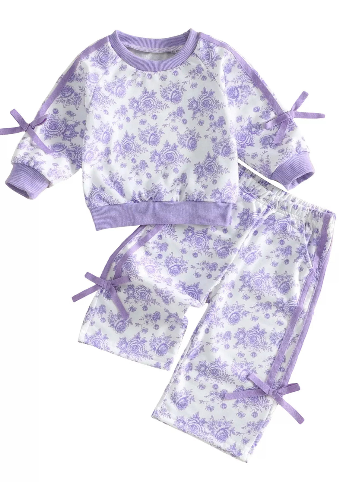 Children's Floral Print Round Neck Top and Pants Two-Piece Lounge Set