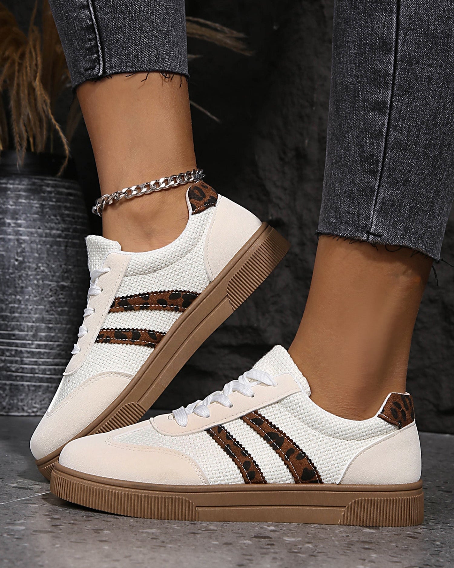 White Textured Woven Leopard Patchwork Flat Sneakers